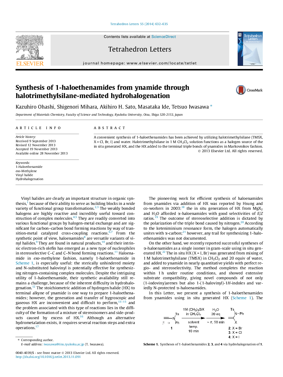Synthesis of 1-haloethenamides from ynamide through halotrimethylsilane-mediated hydrohalogenation