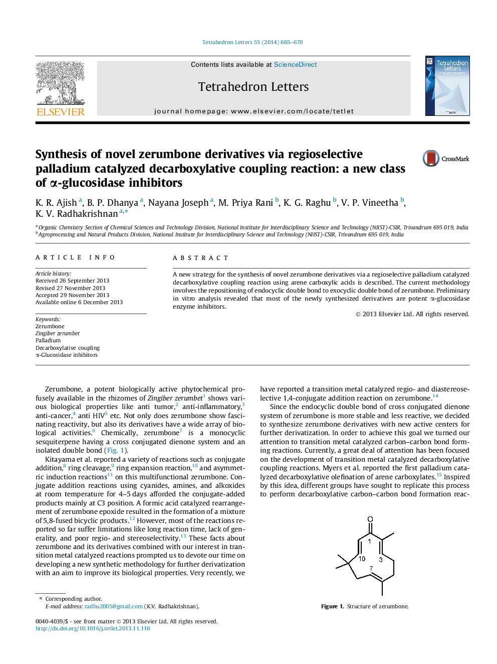 Synthesis of novel zerumbone derivatives via regioselective palladium catalyzed decarboxylative coupling reaction: a new class of α-glucosidase inhibitors