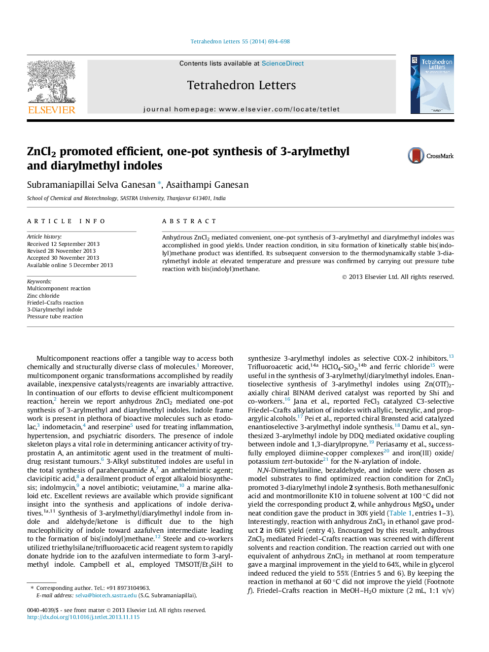 ZnCl2 promoted efficient, one-pot synthesis of 3-arylmethyl and diarylmethyl indoles