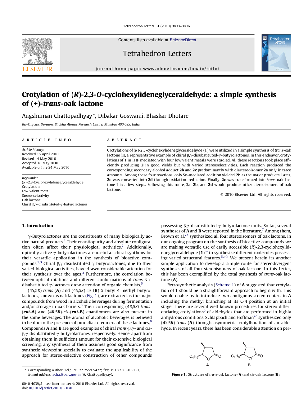 Crotylation of (R)-2,3-O-cyclohexylideneglyceraldehyde: a simple synthesis of (+)-trans-oak lactone