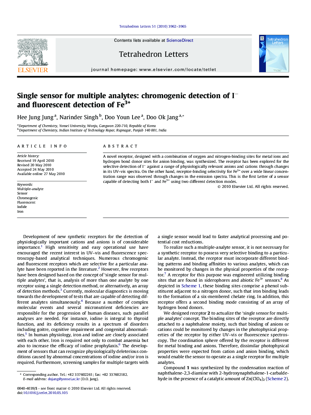 Single sensor for multiple analytes: chromogenic detection of Iâ and fluorescent detection of Fe3+