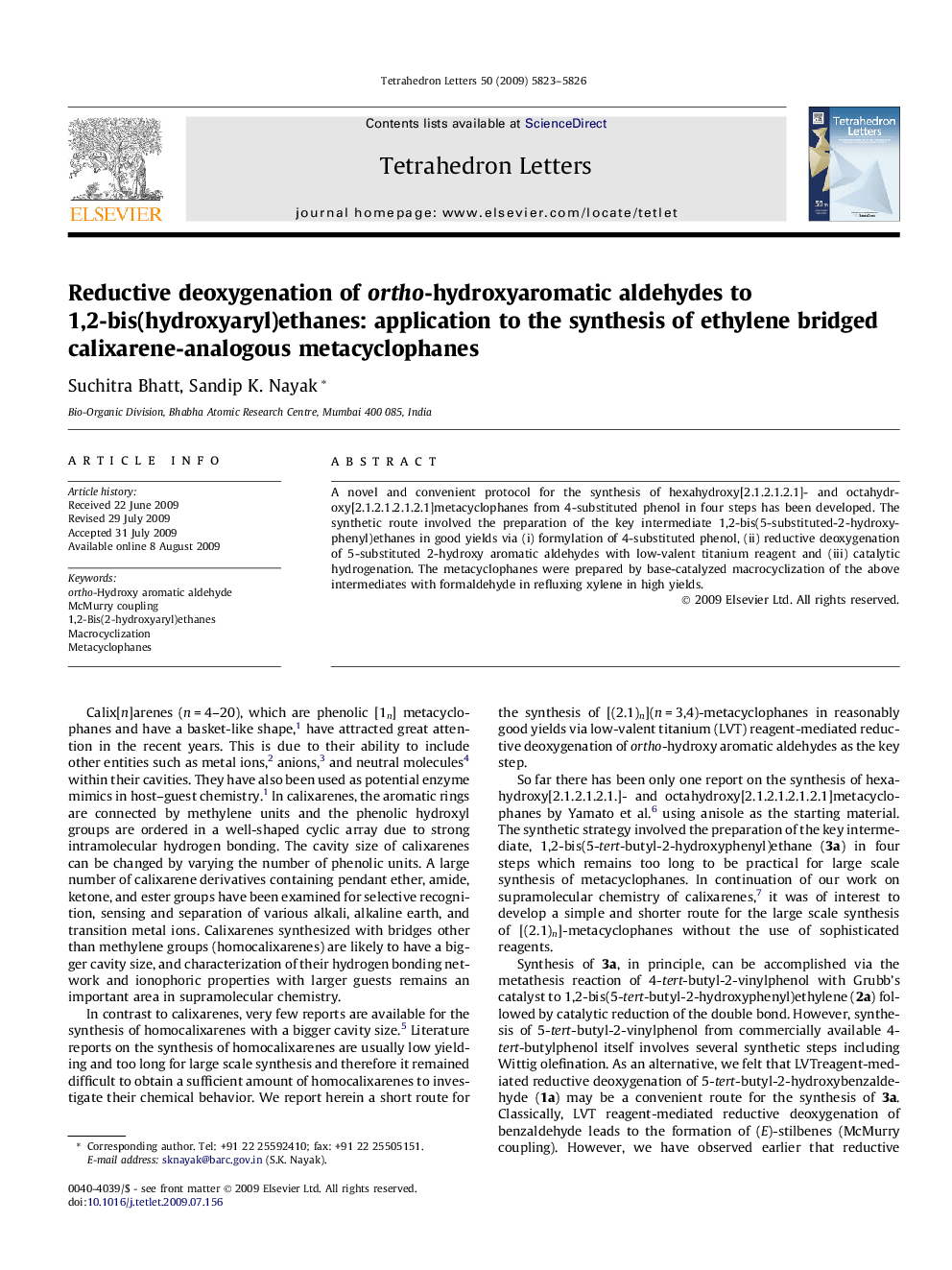 Reductive deoxygenation of ortho-hydroxyaromatic aldehydes to 1,2-bis(hydroxyaryl)ethanes: application to the synthesis of ethylene bridged calixarene-analogous metacyclophanes