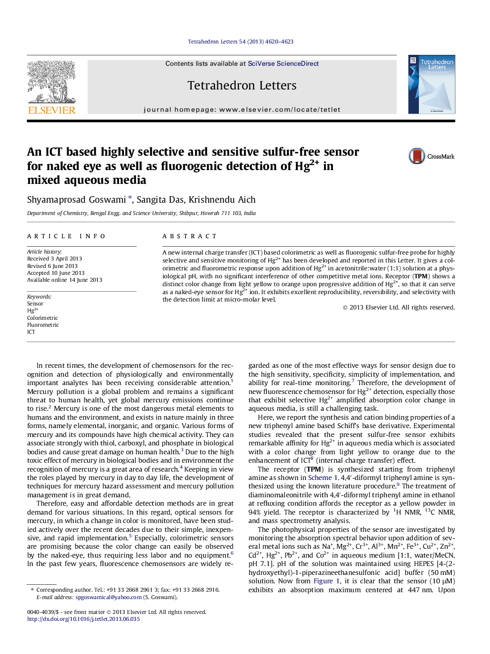 An ICT based highly selective and sensitive sulfur-free sensor for naked eye as well as fluorogenic detection of Hg2+ in mixed aqueous media