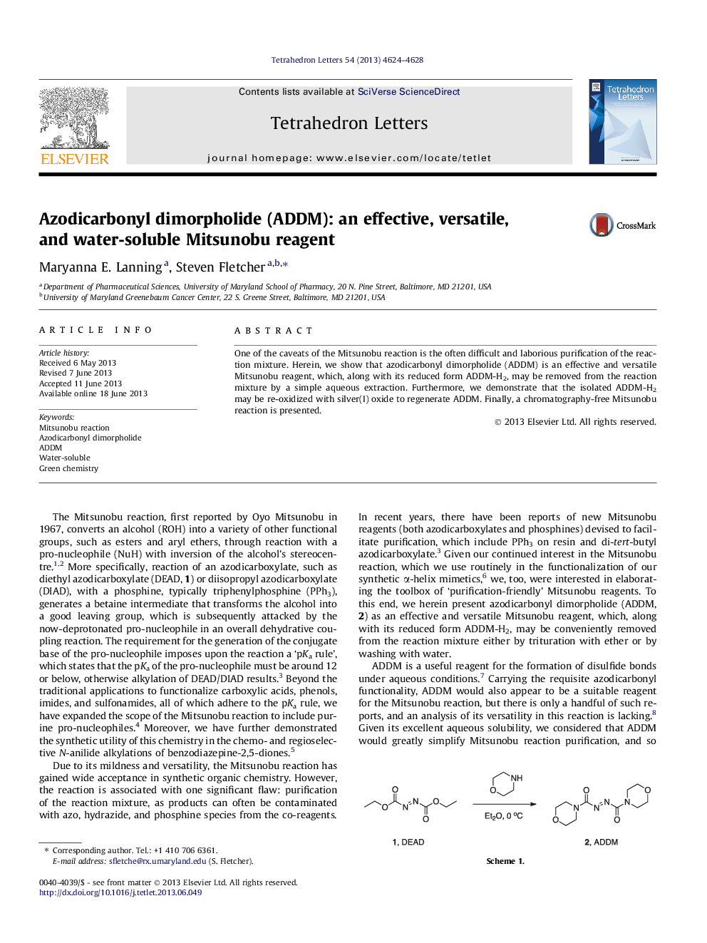 Azodicarbonyl dimorpholide (ADDM): an effective, versatile, and water-soluble Mitsunobu reagent