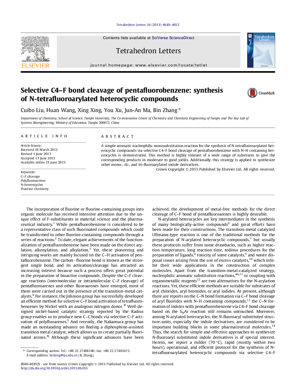 Selective C4-F bond cleavage of pentafluorobenzene: synthesis of N-tetrafluoroarylated heterocyclic compounds