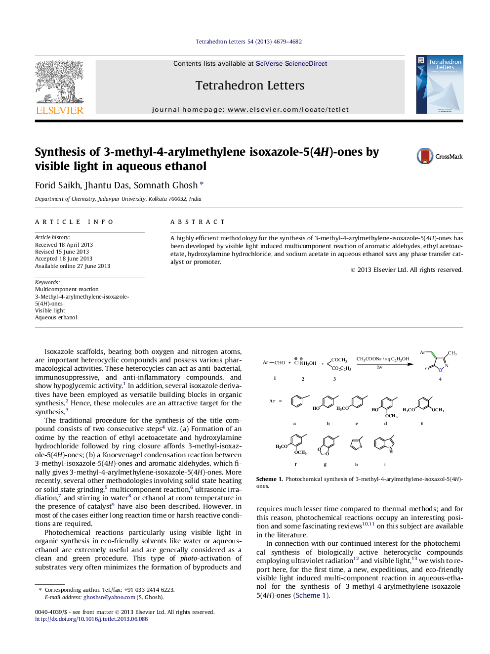 عکس صفحه اول مقاله: Synthesis of 3-methyl-4-arylmethylene isoxazole-5(4H)-ones by visible light in aqueous ethanol Synthesis of 3-methyl-4-arylmethylene isoxazole-5(4H)-ones by visible light in aqueous ethanol