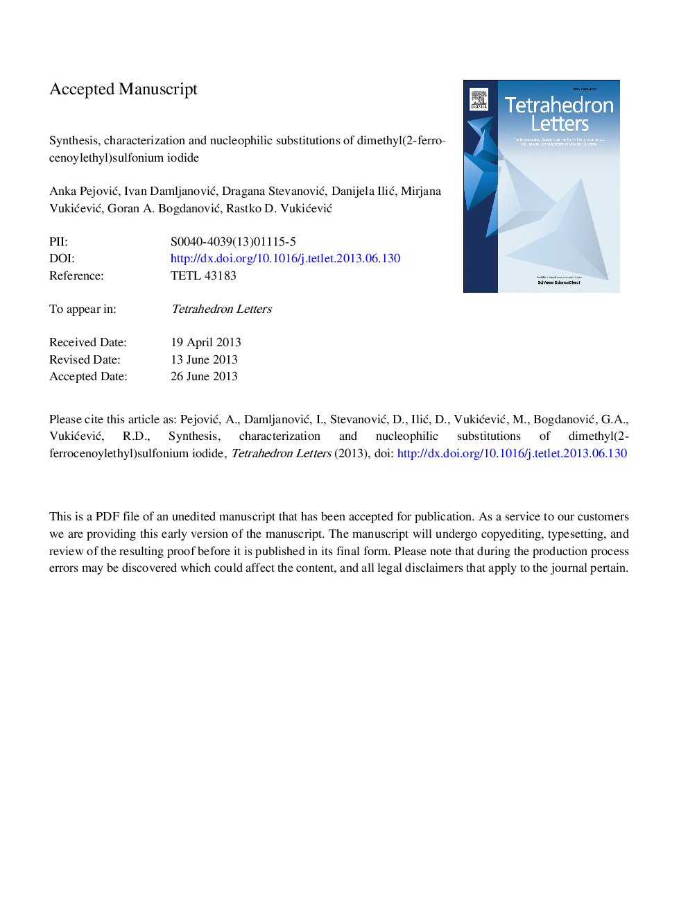 Synthesis, characterization, and nucleophilic substitutions of dimethyl(2-ferrocenoylethyl)sulfonium iodide