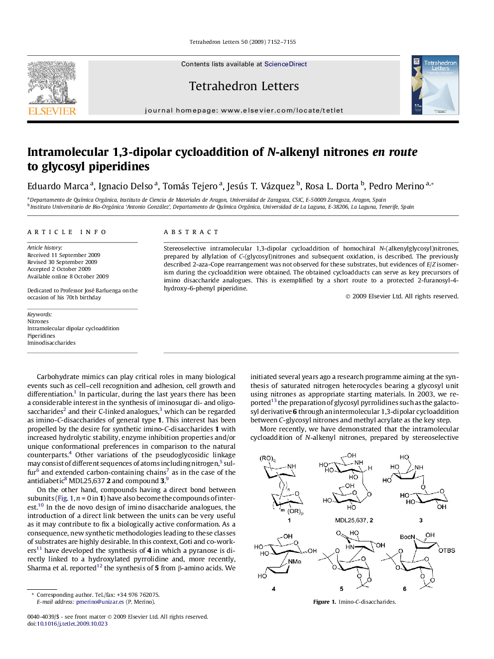 Intramolecular 1,3-dipolar cycloaddition of N-alkenyl nitrones en route to glycosyl piperidines