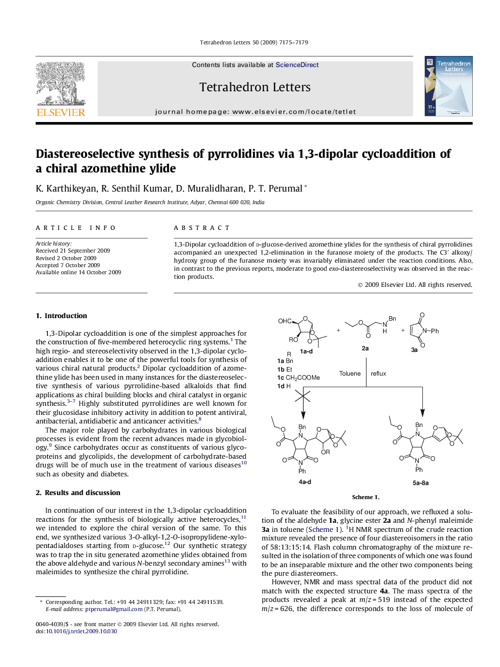 عکس صفحه اول مقاله: Diastereoselective synthesis of pyrrolidines via 1,3-dipolar cycloaddition of a chiral azomethine ylide Diastereoselective synthesis of pyrrolidines via 1,3-dipolar cycloaddition of a chiral azomethine ylide