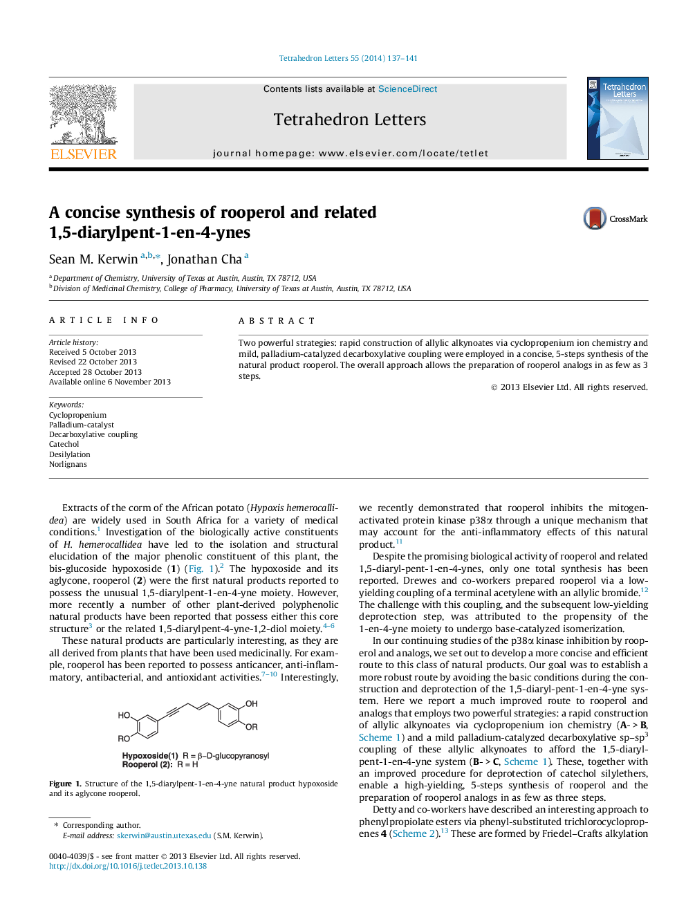 A concise synthesis of rooperol and related 1,5-diarylpent-1-en-4-ynes