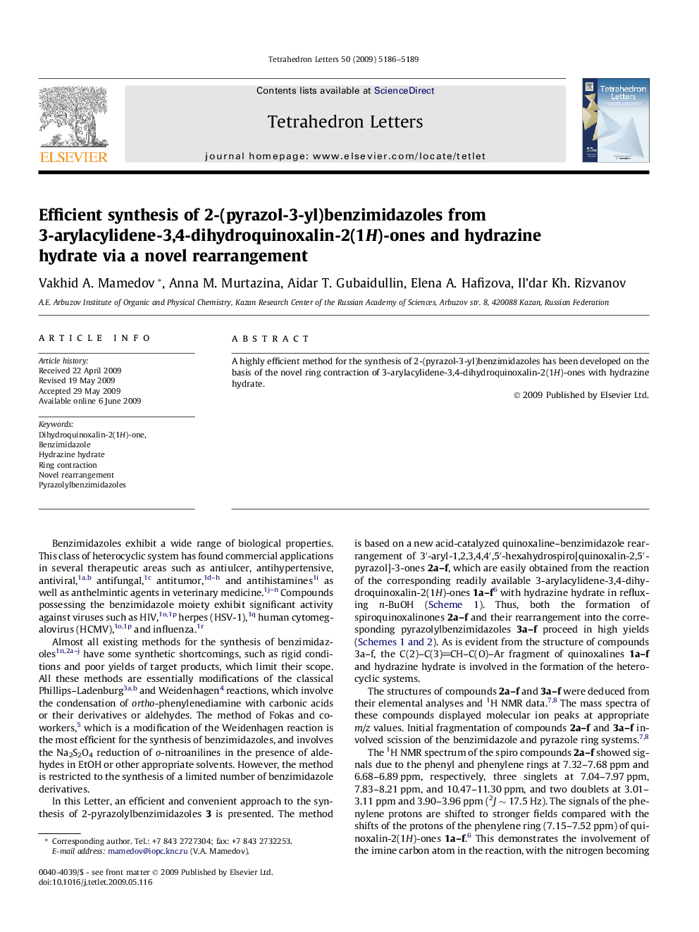 Efficient synthesis of 2-(pyrazol-3-yl)benzimidazoles from 3-arylacylidene-3,4-dihydroquinoxalin-2(1H)-ones and hydrazine hydrate via a novel rearrangement