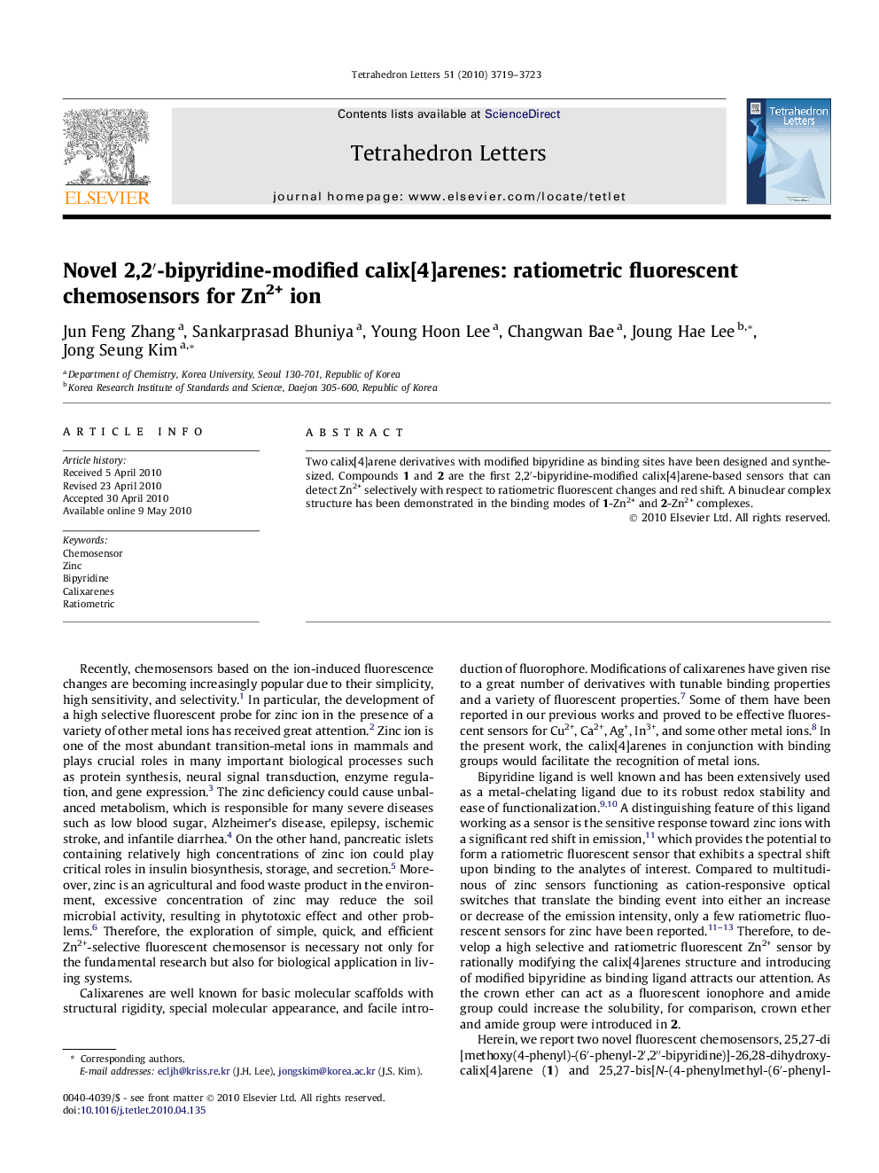 Novel 2,2â²-bipyridine-modified calix[4]arenes: ratiometric fluorescent chemosensors for Zn2+ ion