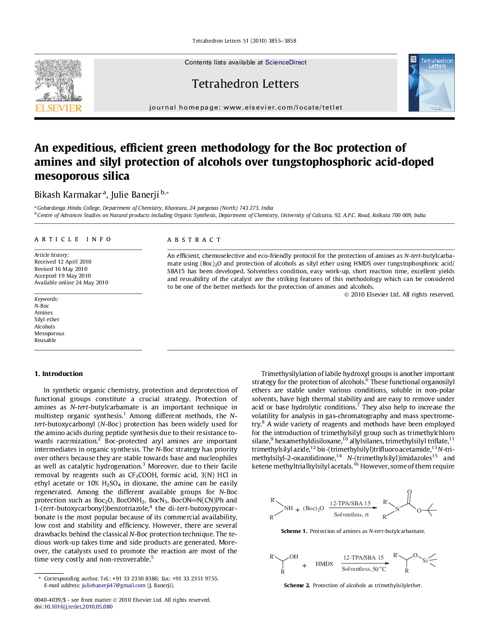 An expeditious, efficient green methodology for the Boc protection of amines and silyl protection of alcohols over tungstophosphoric acid-doped mesoporous silica