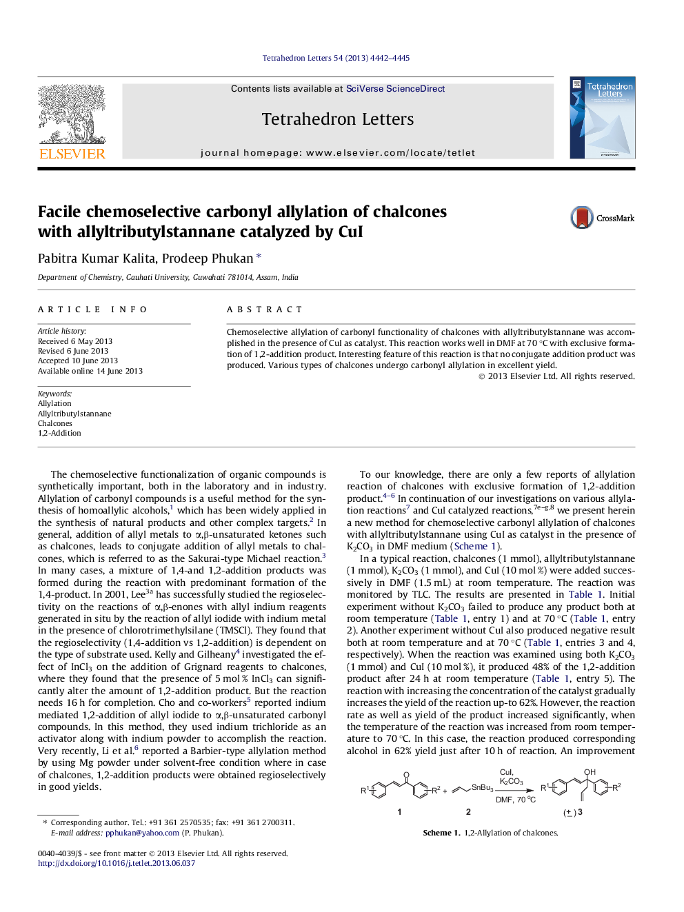 عکس صفحه اول مقاله: Facile chemoselective carbonyl allylation of chalcones with allyltributylstannane catalyzed by CuI Facile chemoselective carbonyl allylation of chalcones with allyltributylstannane catalyzed by CuI