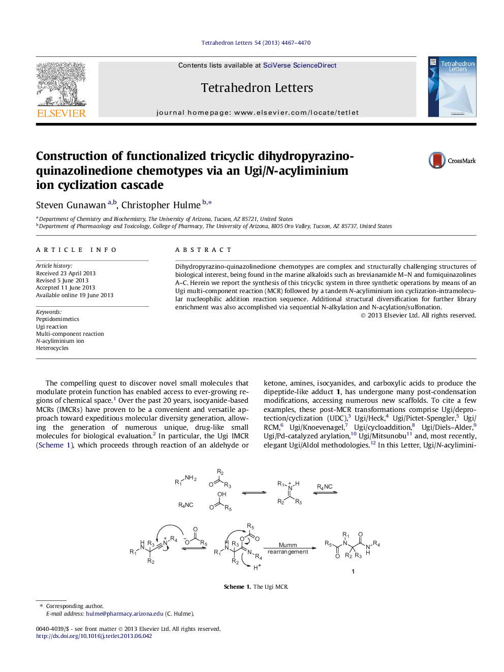 Construction of functionalized tricyclic dihydropyrazino-quinazolinedione chemotypes via an Ugi/N-acyliminium ion cyclization cascade