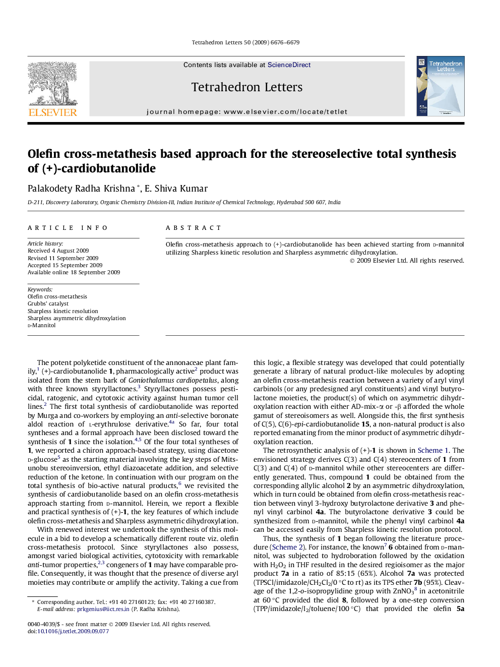 Olefin cross-metathesis based approach for the stereoselective total synthesis of (+)-cardiobutanolide