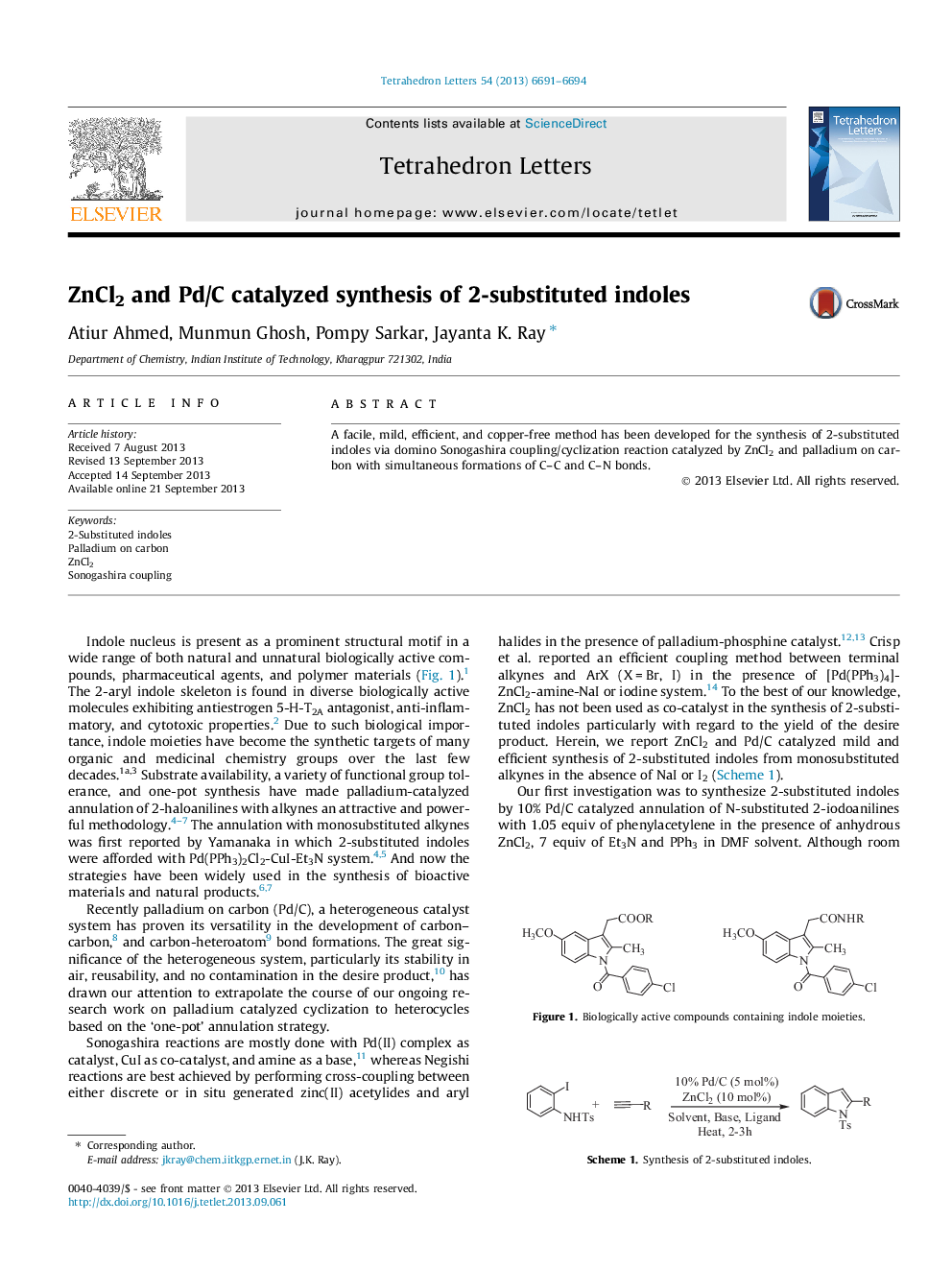 ZnCl2 and Pd/C catalyzed synthesis of 2-substituted indoles