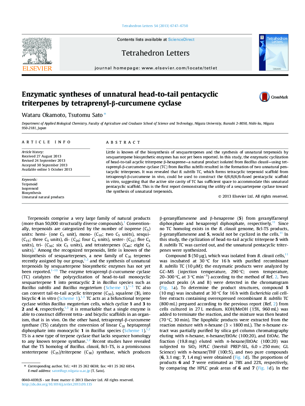 Enzymatic syntheses of unnatural head-to-tail pentacyclic triterpenes by tetraprenyl-Î²-curcumene cyclase