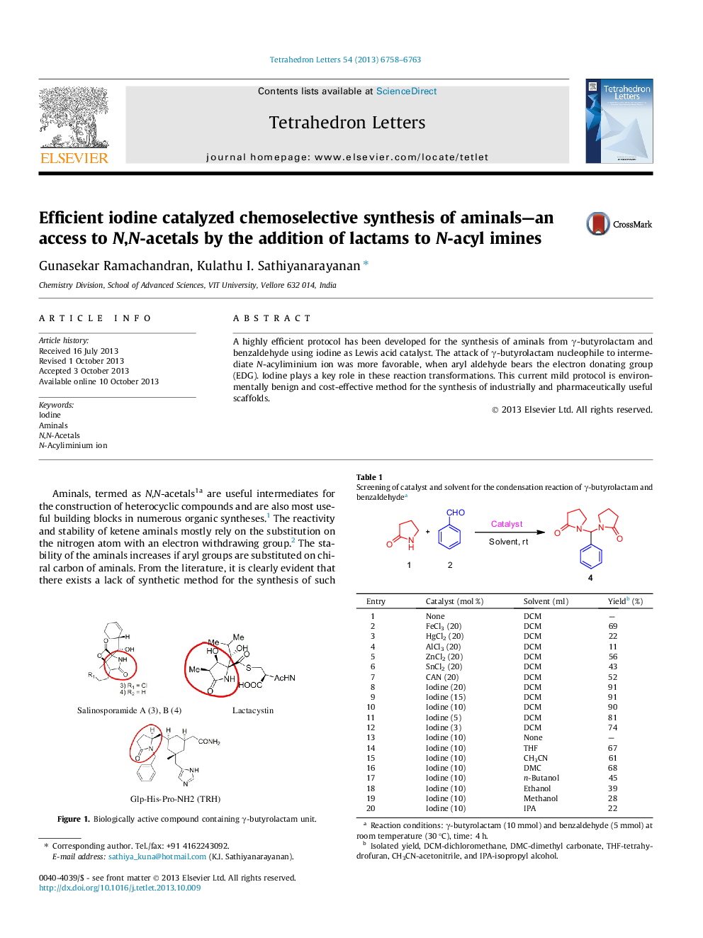 Efficient iodine catalyzed chemoselective synthesis of aminals-an access to N,N-acetals by the addition of lactams to N-acyl imines