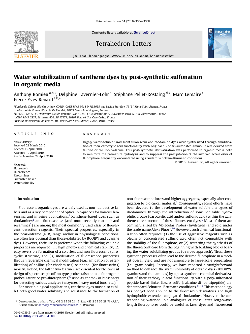 Water solubilization of xanthene dyes by post-synthetic sulfonation in organic media