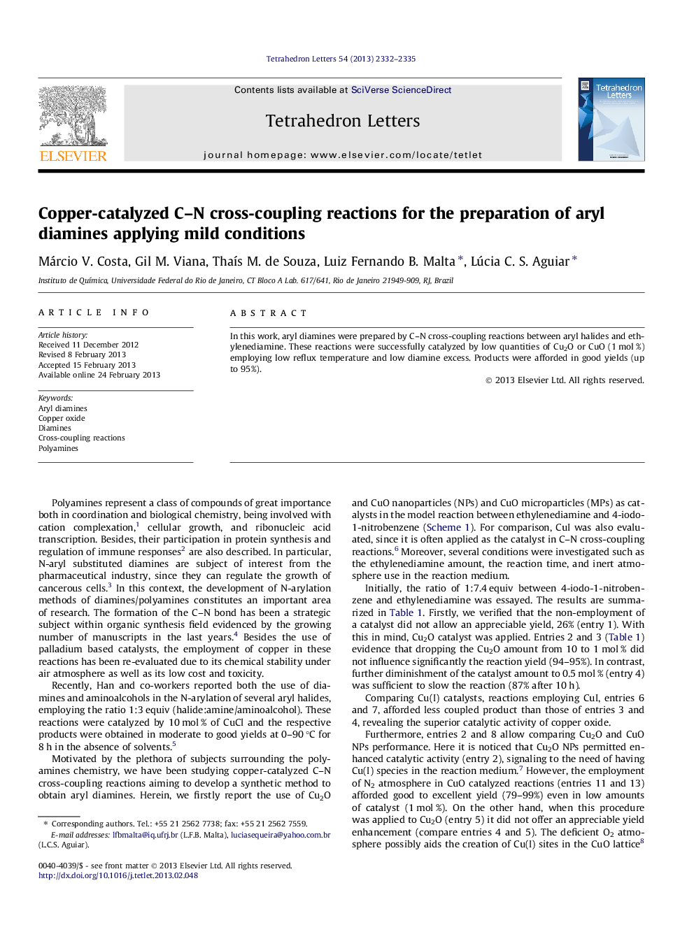 Copper-catalyzed C-N cross-coupling reactions for the preparation of aryl diamines applying mild conditions