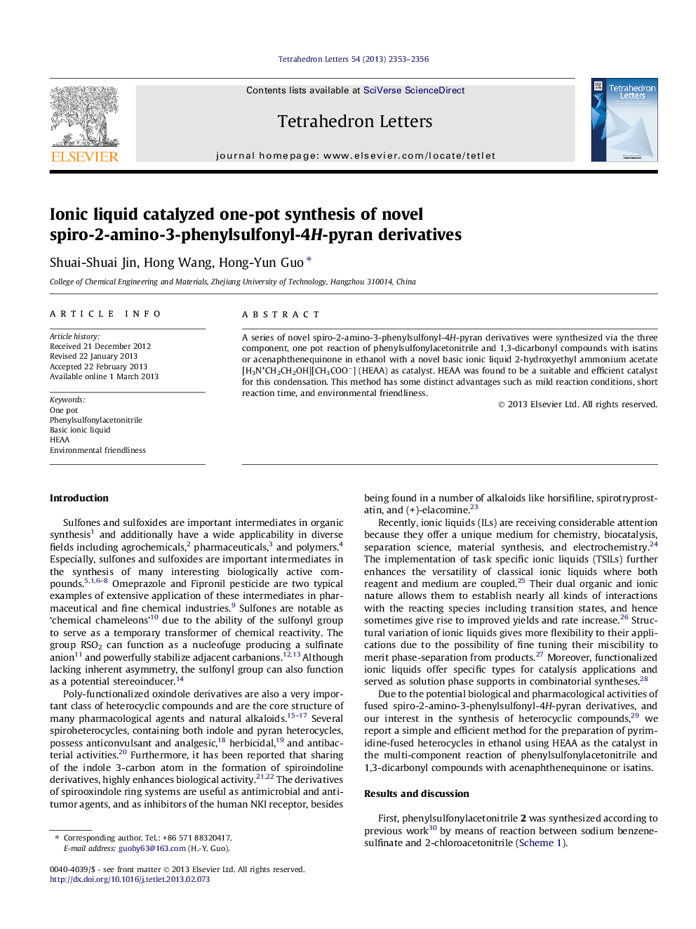 Ionic liquid catalyzed one-pot synthesis of novel spiro-2-amino-3-phenylsulfonyl-4H-pyran derivatives