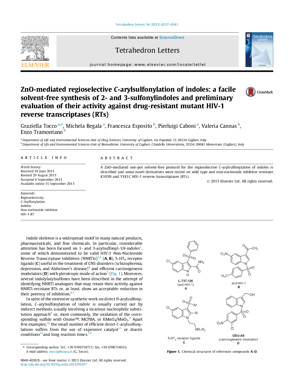 ZnO-mediated regioselective C-arylsulfonylation of indoles: a facile solvent-free synthesis of 2- and 3-sulfonylindoles and preliminary evaluation of their activity against drug-resistant mutant HIV-1 reverse transcriptases (RTs)