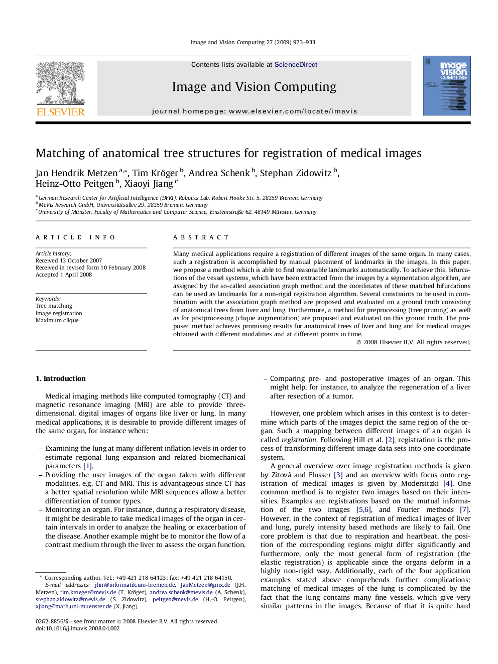 Matching of anatomical tree structures for registration of medical images