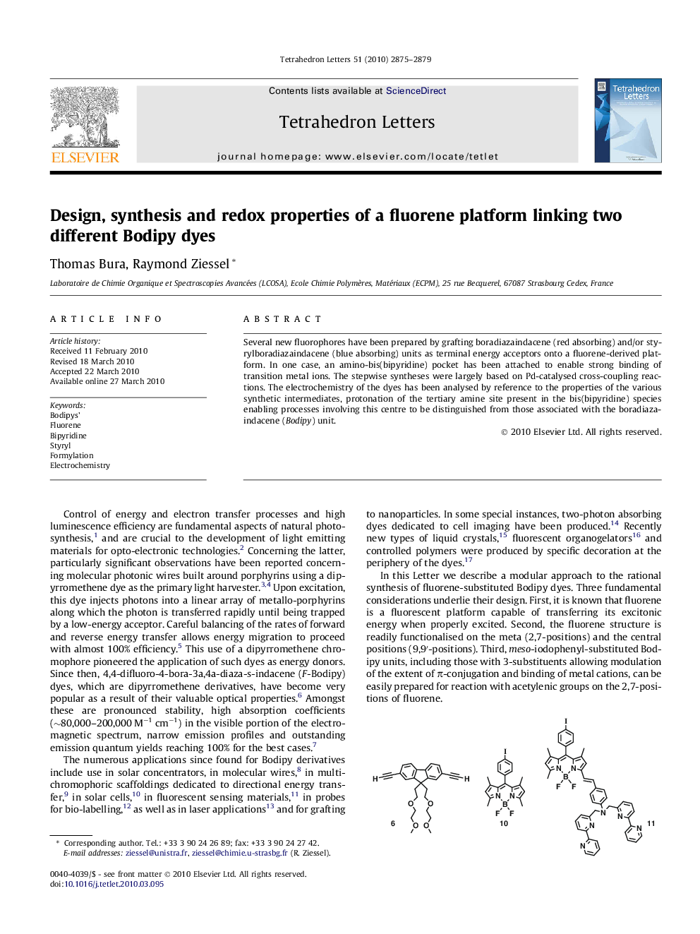 Design, synthesis and redox properties of a fluorene platform linking two different Bodipy dyes