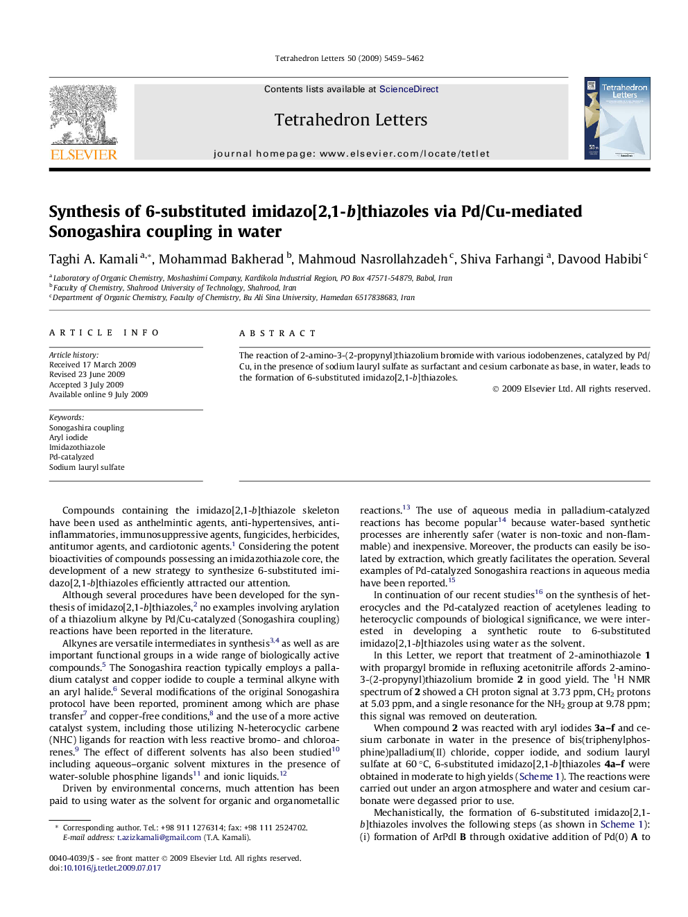 Synthesis of 6-substituted imidazo[2,1-b]thiazoles via Pd/Cu-mediated Sonogashira coupling in water