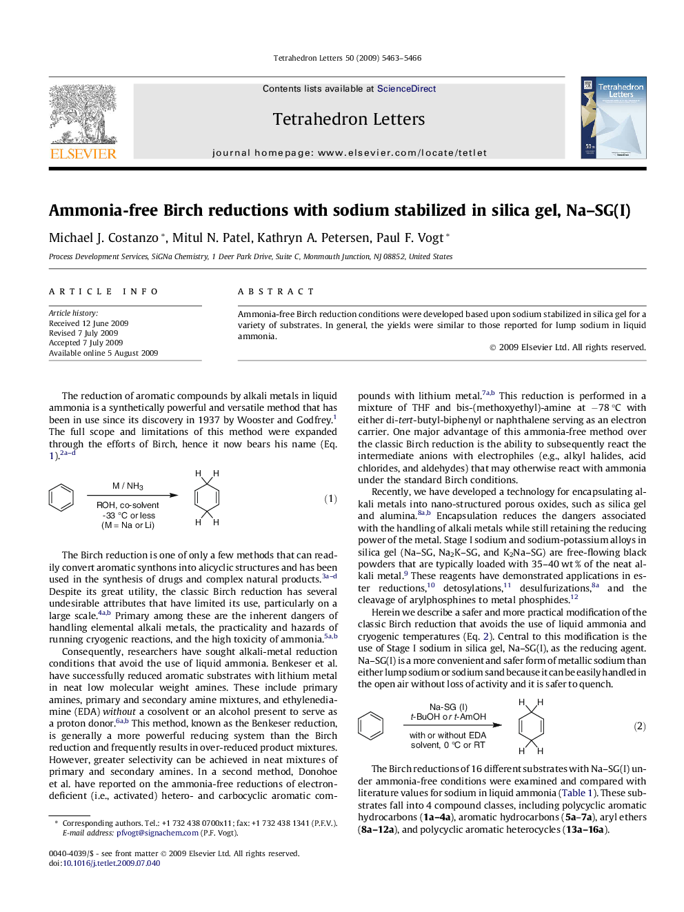 Ammonia-free Birch reductions with sodium stabilized in silica gel, Na-SG(I)