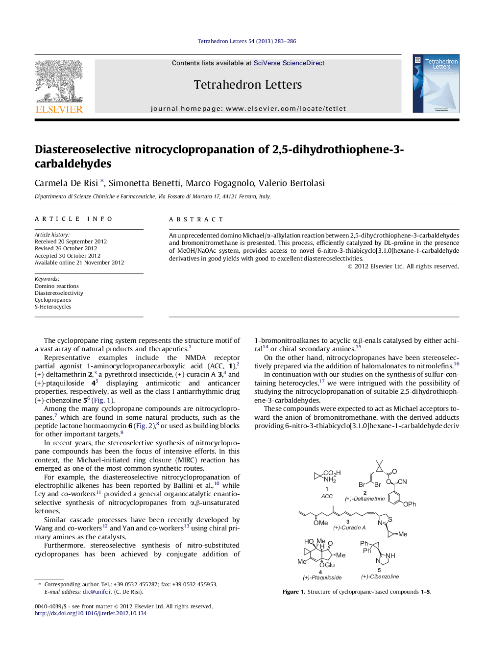 Diastereoselective nitrocyclopropanation of 2,5-dihydrothiophene-3-carbaldehydes
