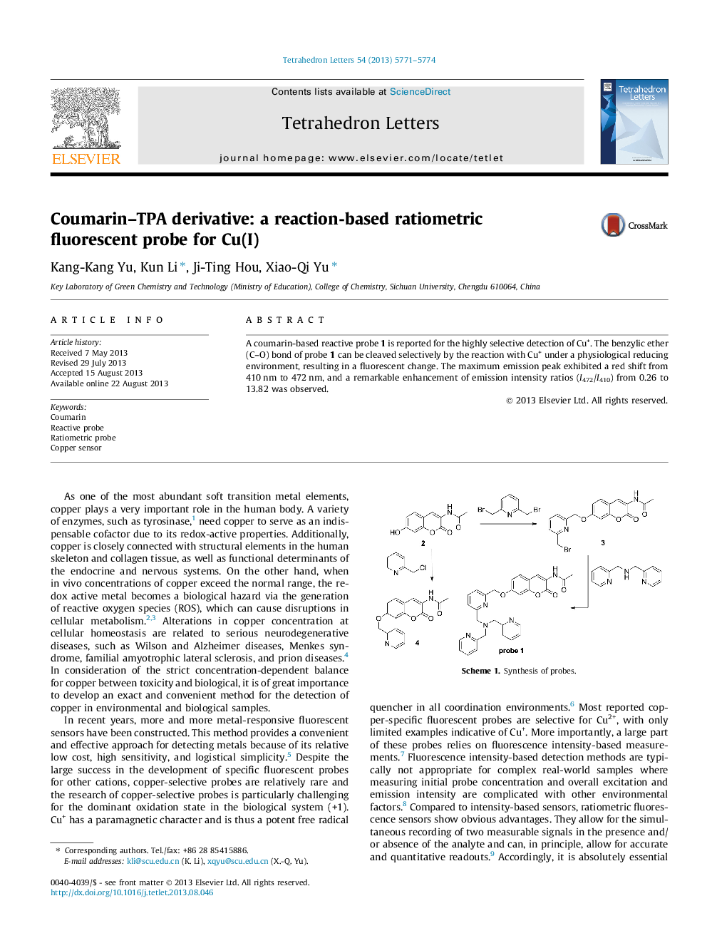 Coumarin-TPA derivative: a reaction-based ratiometric fluorescent probe for Cu(I)