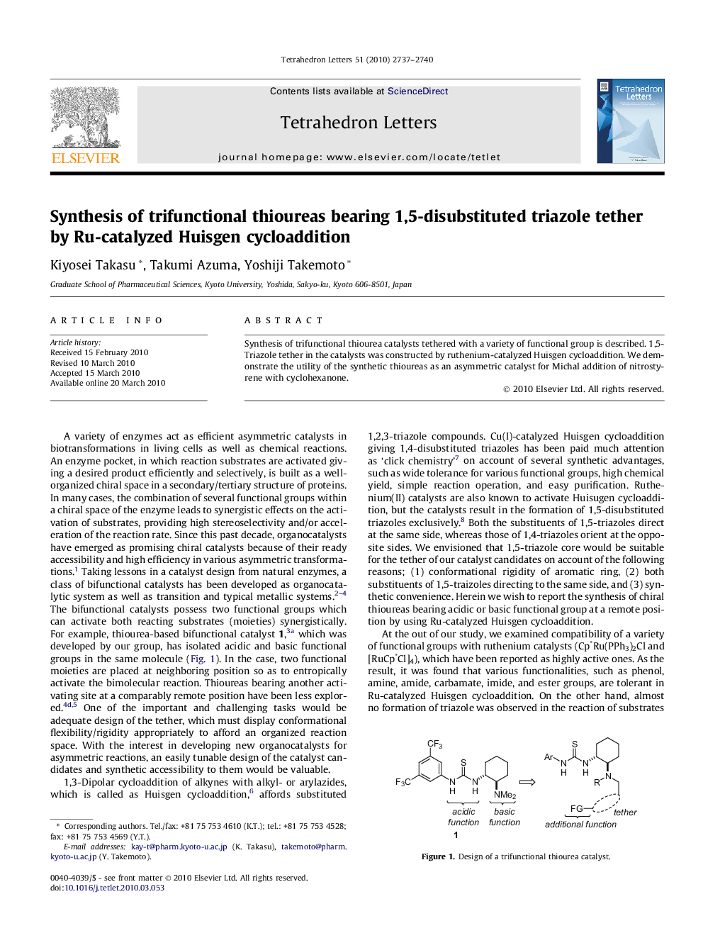 Synthesis of trifunctional thioureas bearing 1,5-disubstituted triazole tether by Ru-catalyzed Huisgen cycloaddition