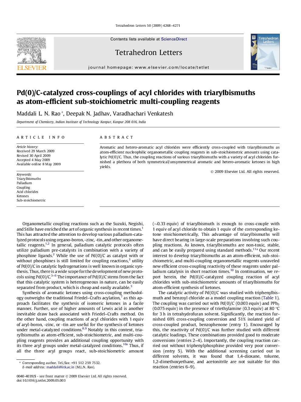 Pd(0)/C-catalyzed cross-couplings of acyl chlorides with triarylbismuths as atom-efficient sub-stoichiometric multi-coupling reagents