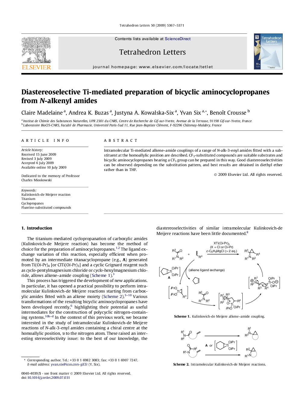 Diastereoselective Ti-mediated preparation of bicyclic aminocyclopropanes from N-alkenyl amides