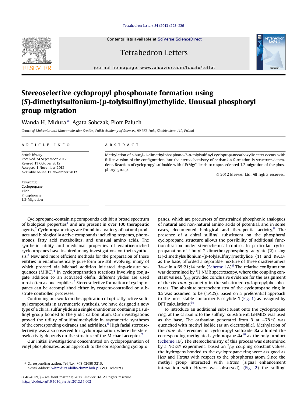 Stereoselective cyclopropyl phosphonate formation using (S)-dimethylsulfonium-(p-tolylsulfinyl)methylide. Unusual phosphoryl group migration