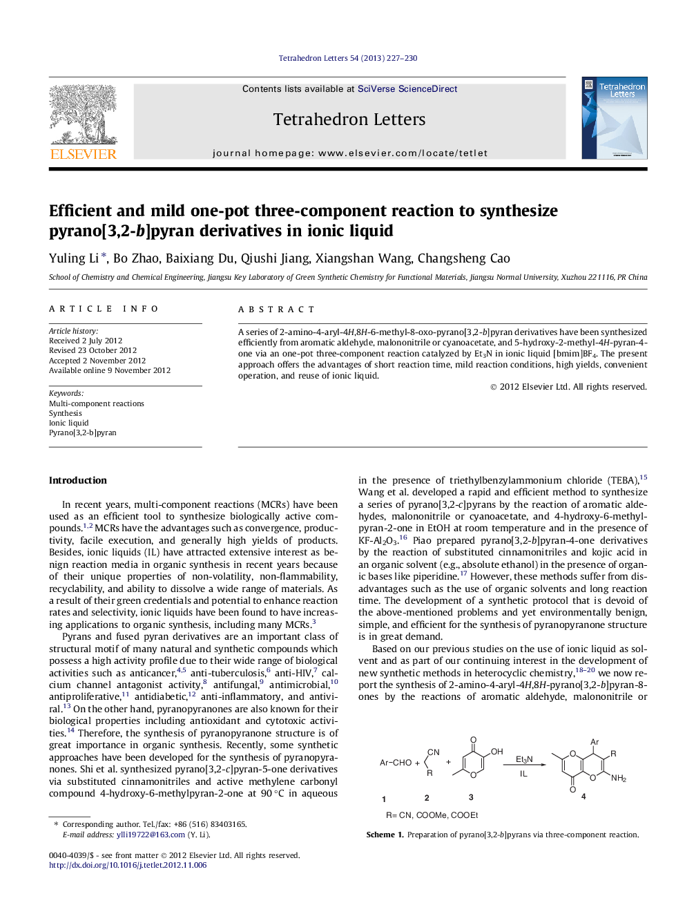 Efficient and mild one-pot three-component reaction to synthesize pyrano[3,2-b]pyran derivatives in ionic liquid