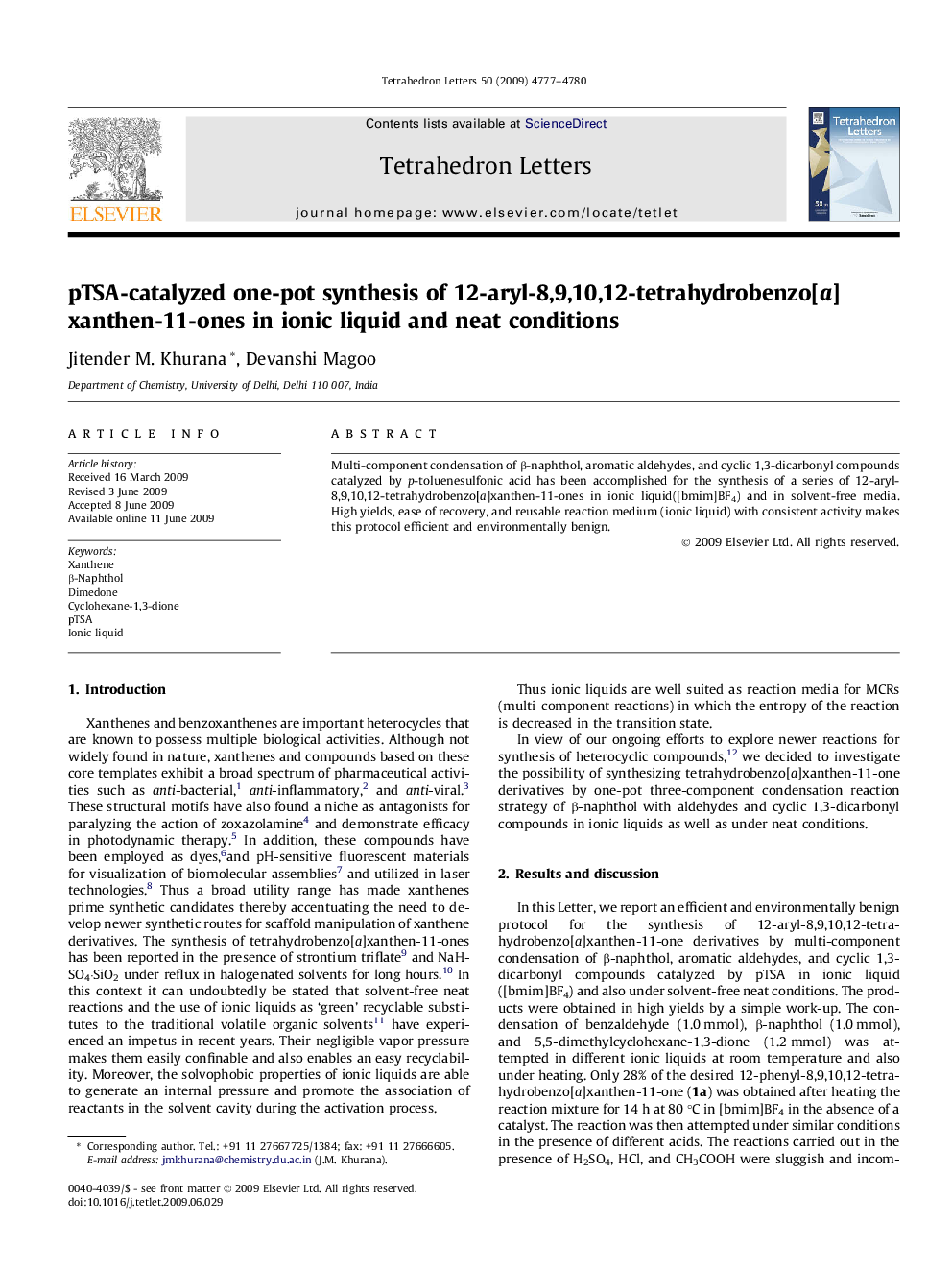 pTSA-catalyzed one-pot synthesis of 12-aryl-8,9,10,12-tetrahydrobenzo[a]xanthen-11-ones in ionic liquid and neat conditions