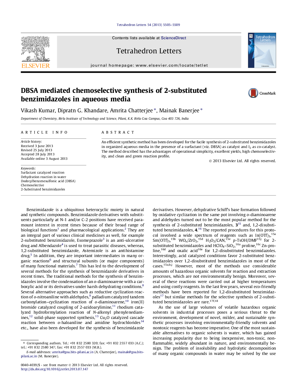 DBSA mediated chemoselective synthesis of 2-substituted benzimidazoles in aqueous media