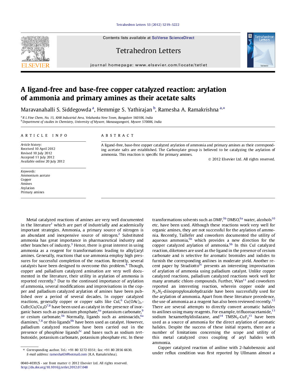 A ligand-free and base-free copper catalyzed reaction: arylation of ammonia and primary amines as their acetate salts