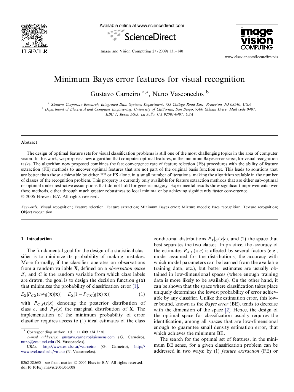 Minimum Bayes error features for visual recognition