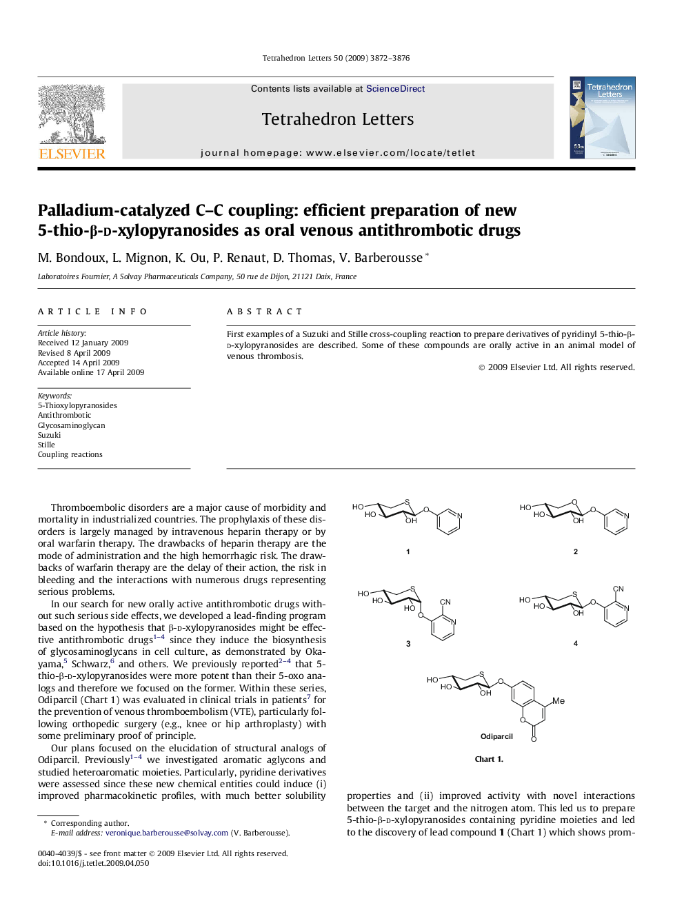 Palladium-catalyzed C-C coupling: efficient preparation of new 5-thio-Î²-d-xylopyranosides as oral venous antithrombotic drugs