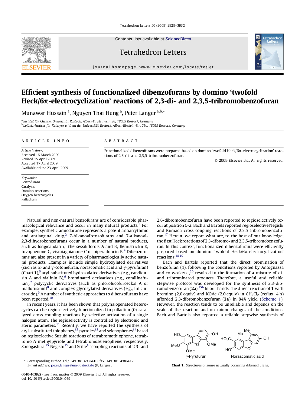 Efficient synthesis of functionalized dibenzofurans by domino 'twofold Heck/6Ï-electrocyclization' reactions of 2,3-di- and 2,3,5-tribromobenzofuran