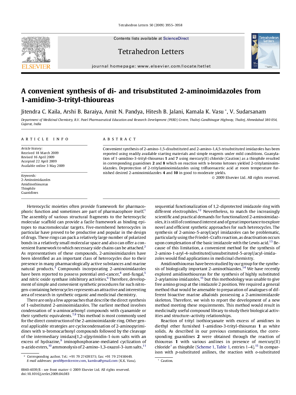 عکس صفحه اول مقاله: A convenient synthesis of di- and trisubstituted 2-aminoimidazoles from 1-amidino-3-trityl-thioureas A convenient synthesis of di- and trisubstituted 2-aminoimidazoles from 1-amidino-3-trityl-thioureas