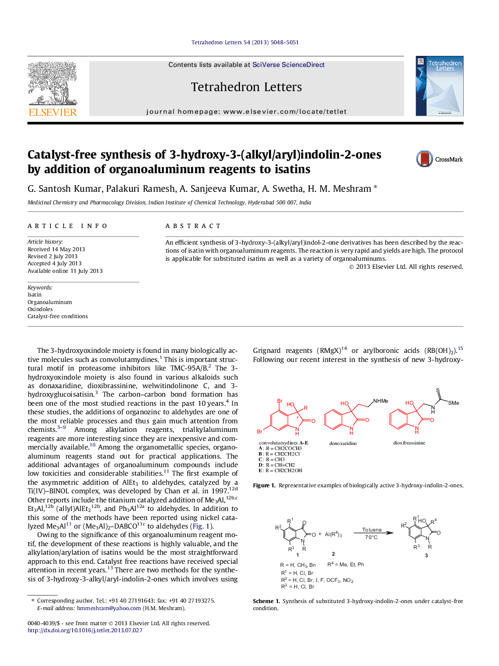 سنتز آزاد کاتالیزور 3-هیدروکسی 3- (آلکیل / آریل) اندولین-2-آن ها با افزودن واکنش های آلومینیوم به ایزتین ها 