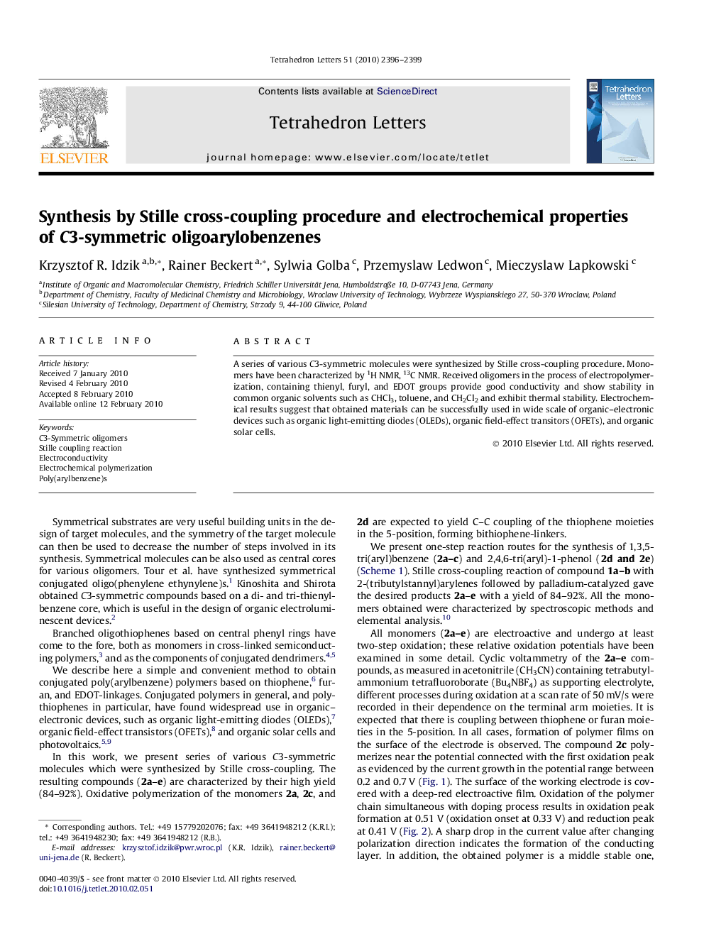 Synthesis by Stille cross-coupling procedure and electrochemical properties of C3-symmetric oligoarylobenzenes