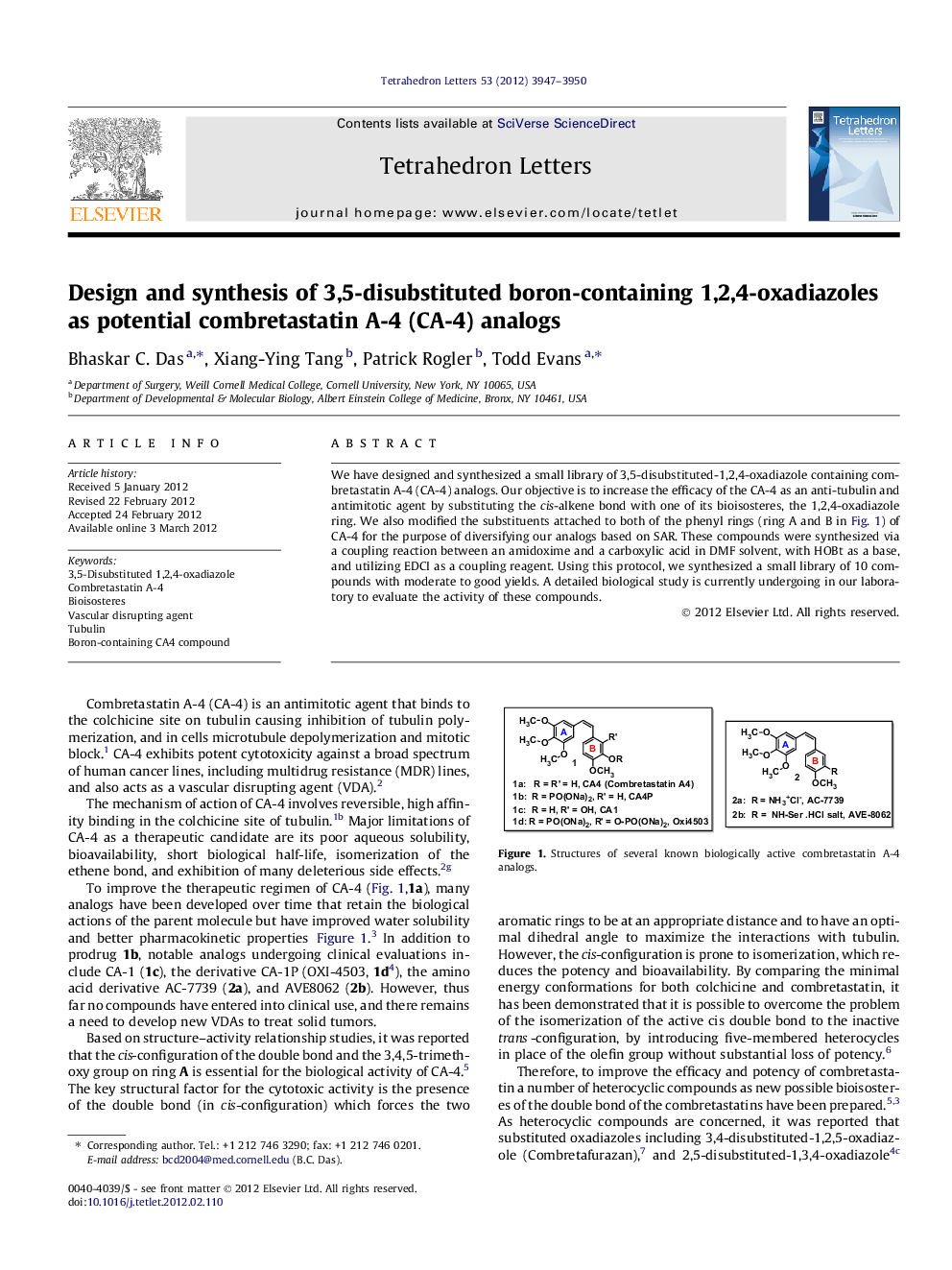 Design and synthesis of 3,5-disubstituted boron-containing 1,2,4-oxadiazoles as potential combretastatin A-4 (CA-4) analogs