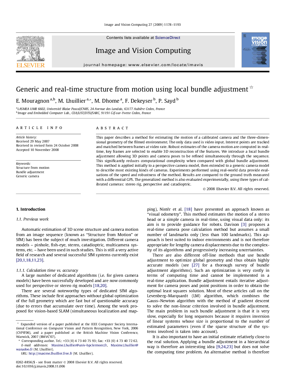 Generic and real-time structure from motion using local bundle adjustment 