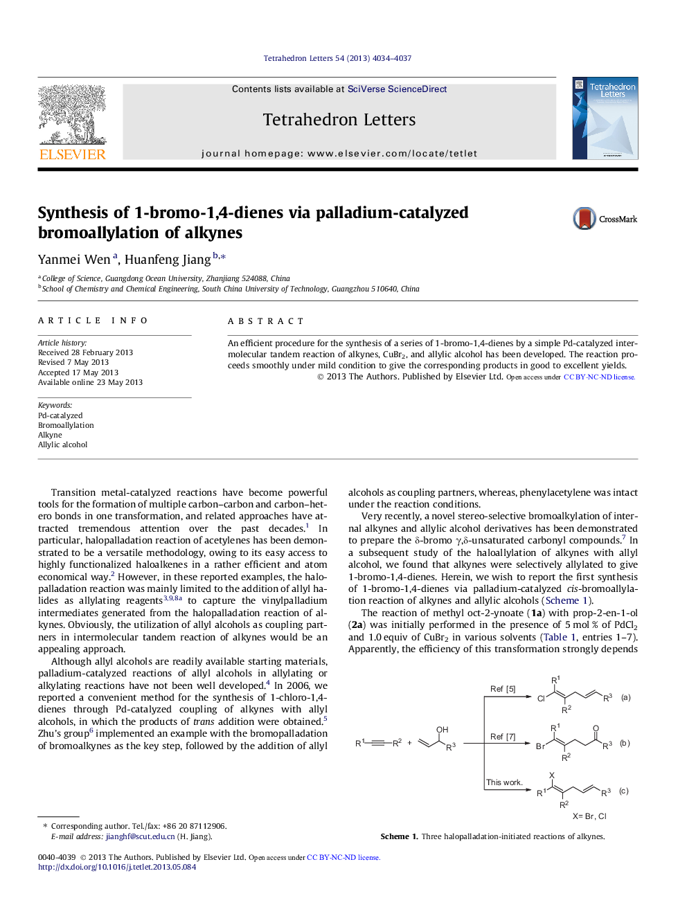 Synthesis of 1-bromo-1,4-dienes via palladium-catalyzed bromoallylation of alkynes